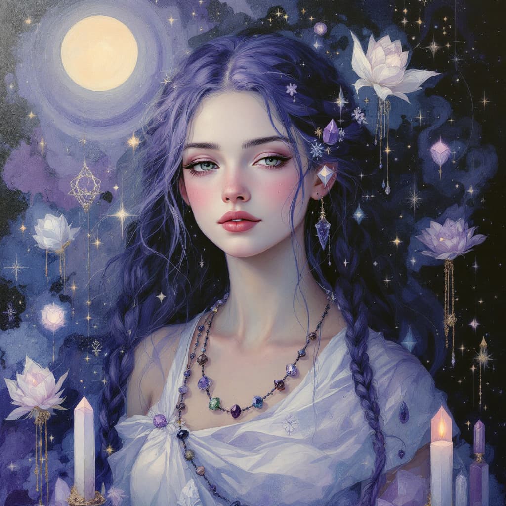 AI generated: "Amethyst Mystic in a Realm of Souls": A mesmerizing abstract painting depicts a mystic with both co...
