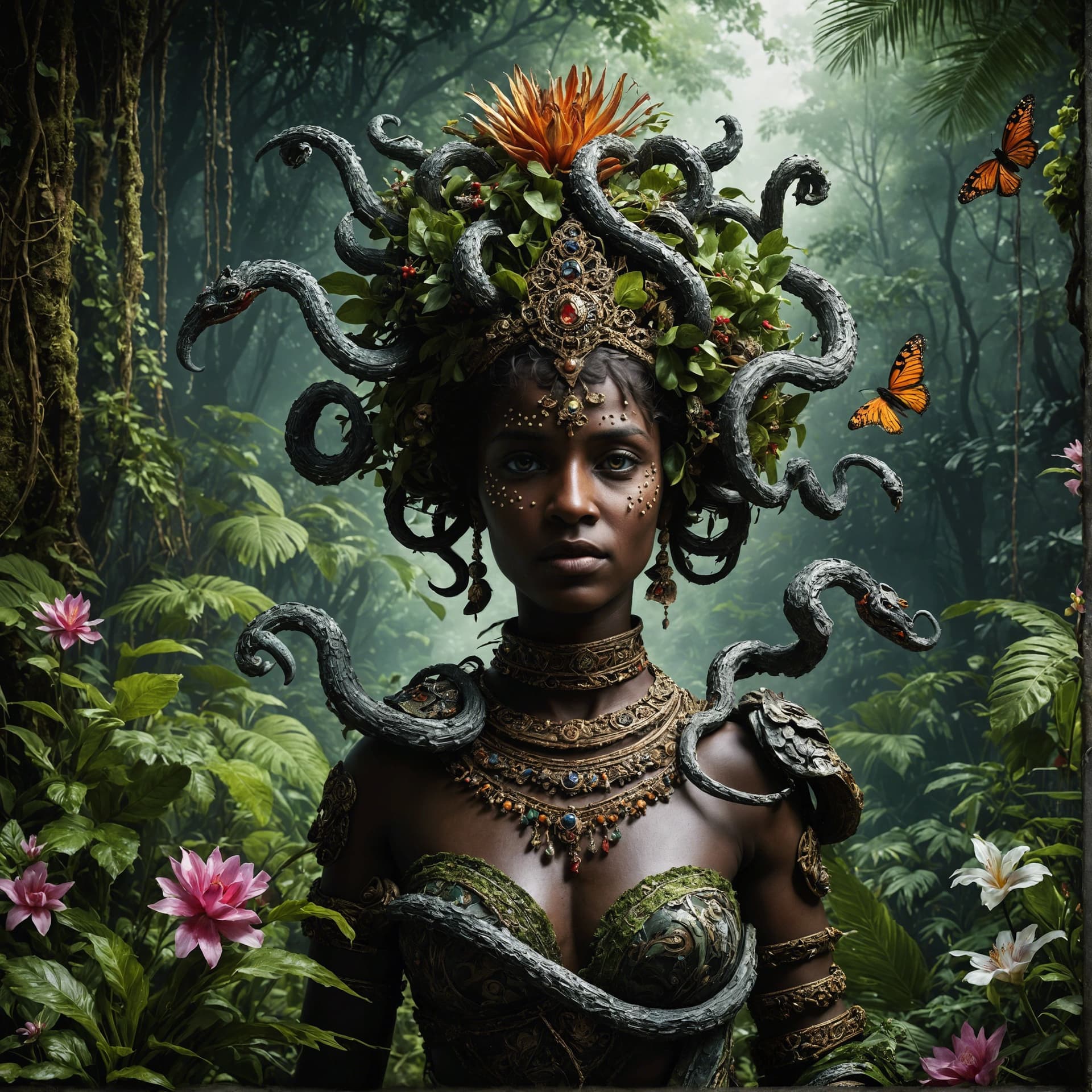 AI generated: In this portrait, Yemoja is depicted in her Serpent's Embrace skin, surrounded by a lush jungle envi...