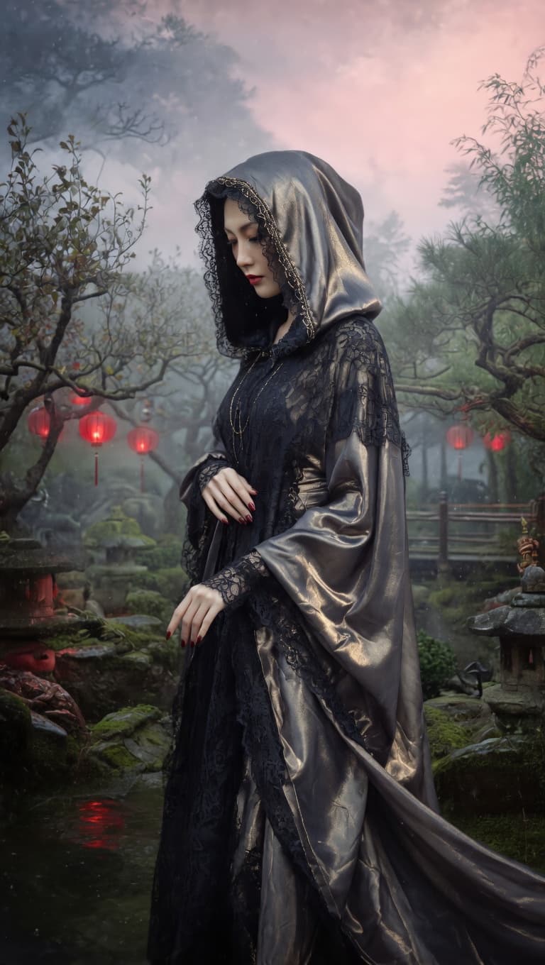 AI generated: A tall hooded Asian woman standing gracefully in a misty oriental garden at dusk, captured in the di...