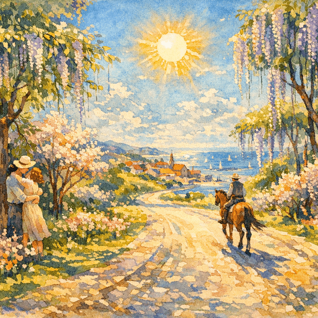 AI generated: Henri-Edmond Cross
Helene Schjerfbeck
Henry Moret
watercolor
pan view
one rider on the horse pa...