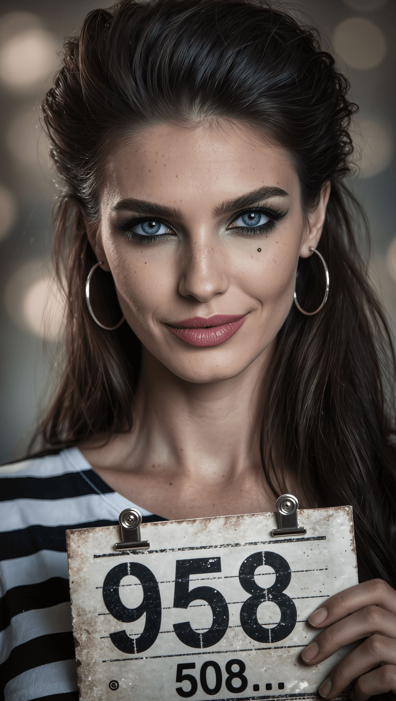 AI generated: Ultra-realistic photography of a stunning 20-year-old supermodel in a prison mugshot setting, breath...