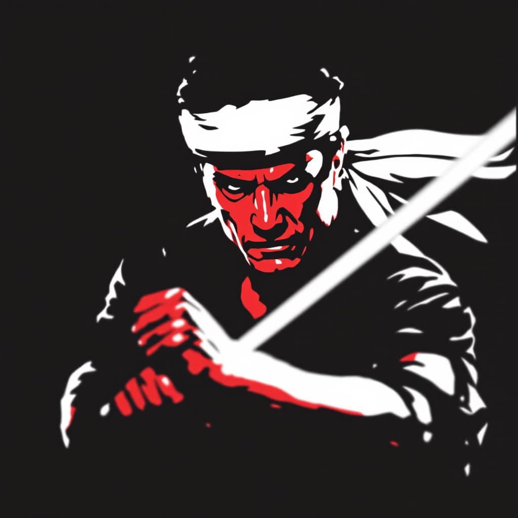 AI generated: Create a stylized, iconic portrait of Michael Dudikoff as seen in American Ninja. The image should e...
