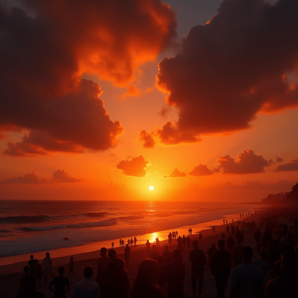 AI generated: Stunning sunset over the ocean, deep orange and crimson hues painting the sky and clouds, the sun gl...