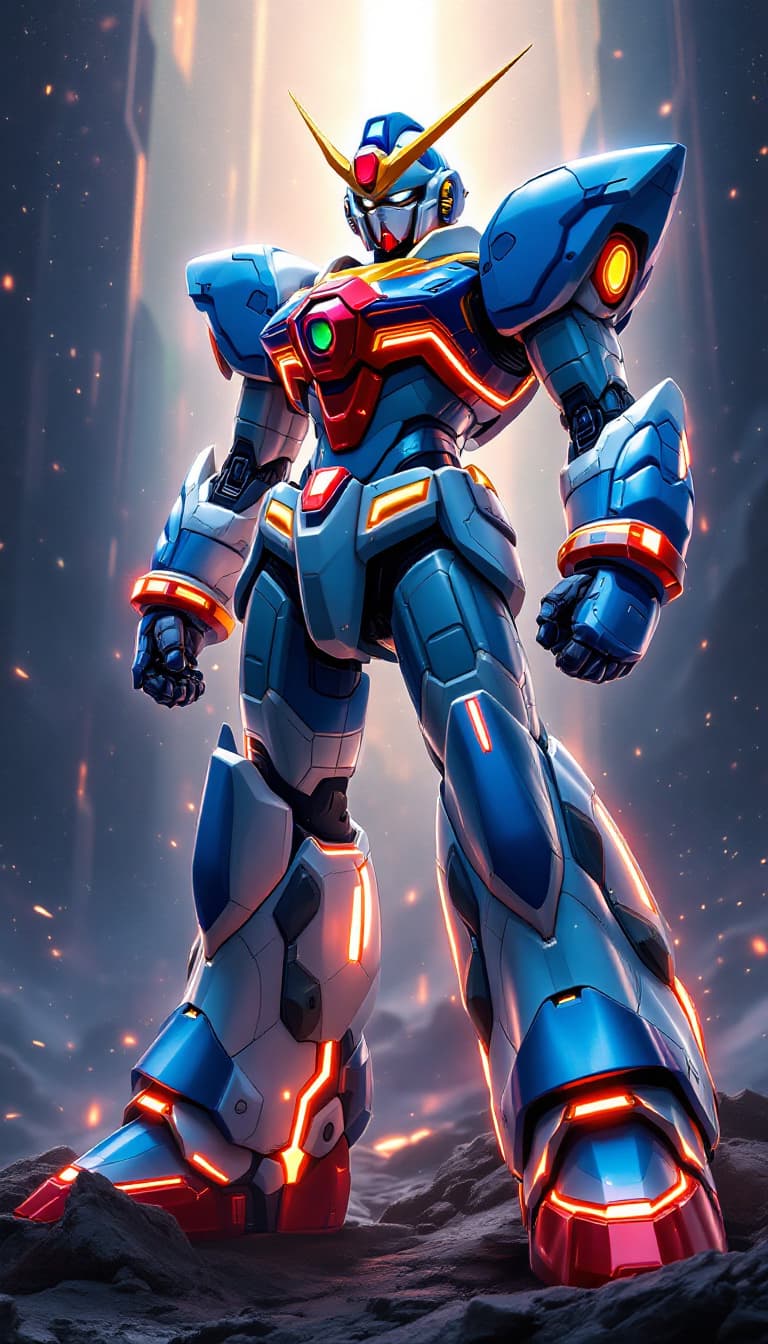 AI generated: A majestic fusion of Megaman X and Gundam RX78, standing proudly in a dynamic pose, with intricate d...