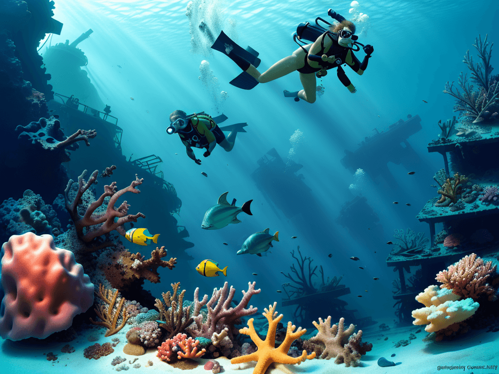 AI generated: Diving photo of caribbean sea, old wreck on the sand, diver, green turtle, flashy fishes, corals, sp...