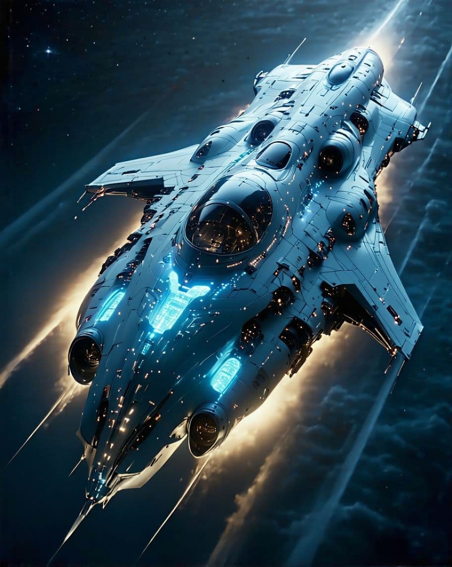 AI generated: "Super Long Spaceship Orbiting Earth Like Fractals Nova - Create a Glowing 3D Space Cruiser Using Th...