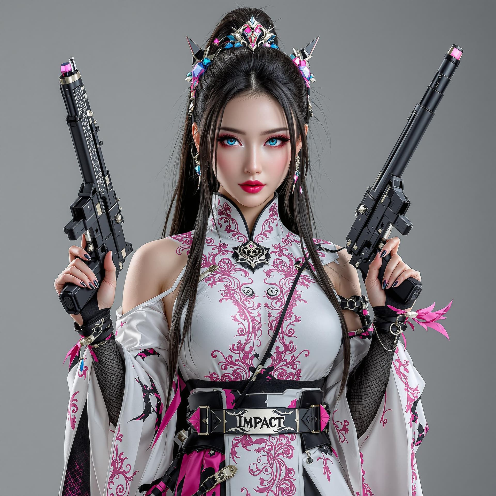 AI generated: A full body photo shot of a beautiful and breathtaking image of a ((genshin-Impact-🔫) ) (woman) wea...