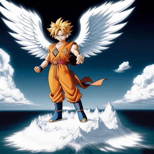 AI generated: Toriyama Akira's comic IP Goku, with white angel wings behind him and an angel ring on his head, wav...