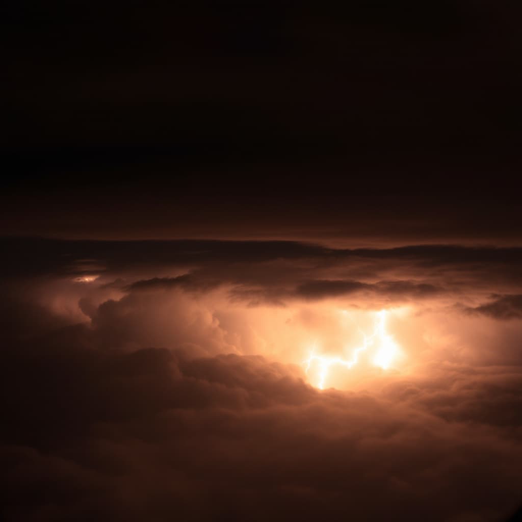 AI generated: 24.	"Nighttime thunderstorm from a pilot’s view above the clouds, with lightning illuminating the bi...