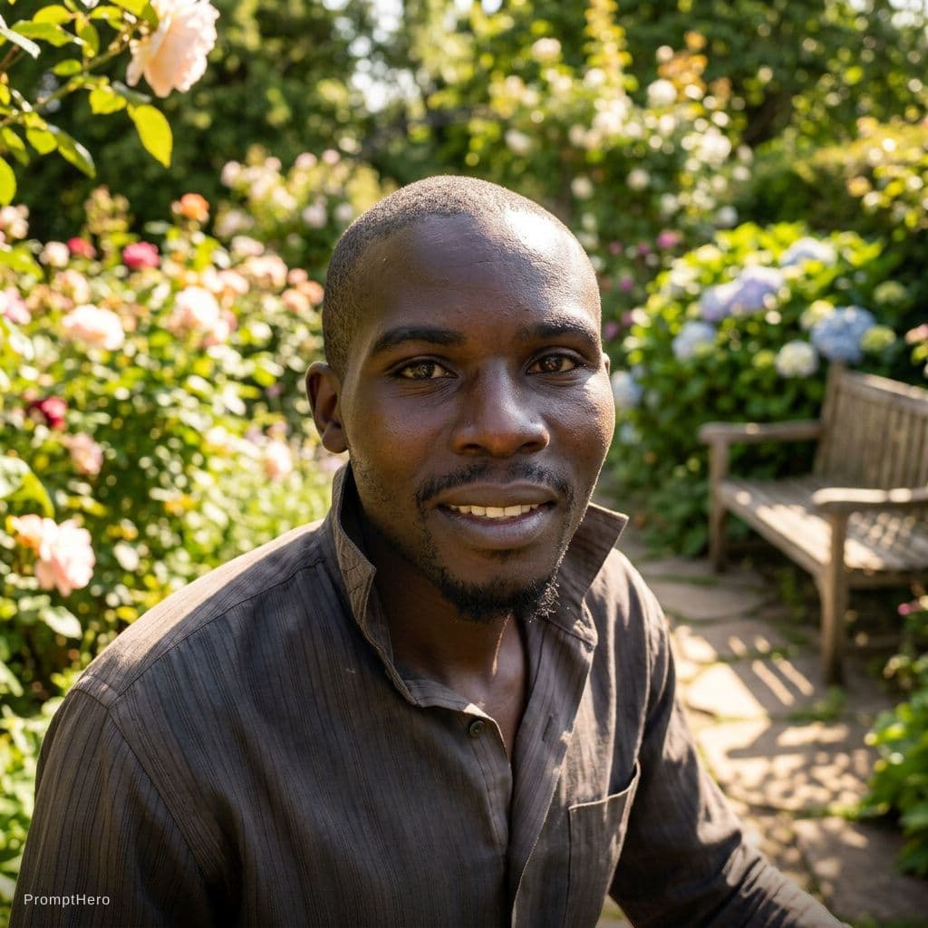 AI generated: Place the uploaded image of the man in a beautiful sunny garden