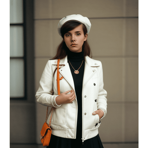 AI generated: a young woman in a white jacket can be seen holding a white leather purse, in the style of dark oran...