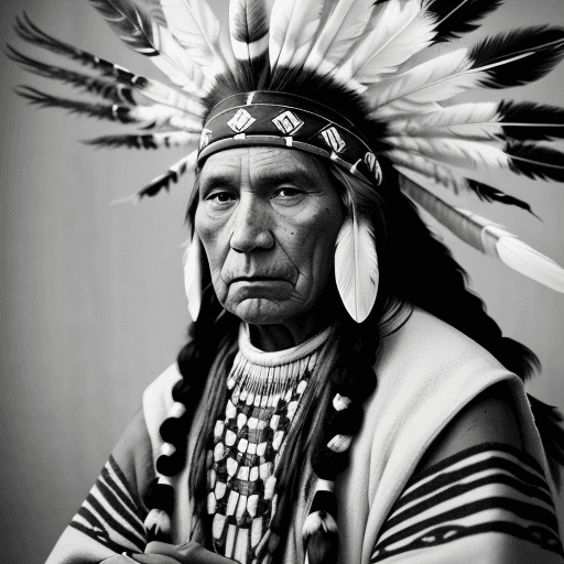 AI generated: a vintage black and white photo of a Native American chief wearing traditional clothing and and feat...