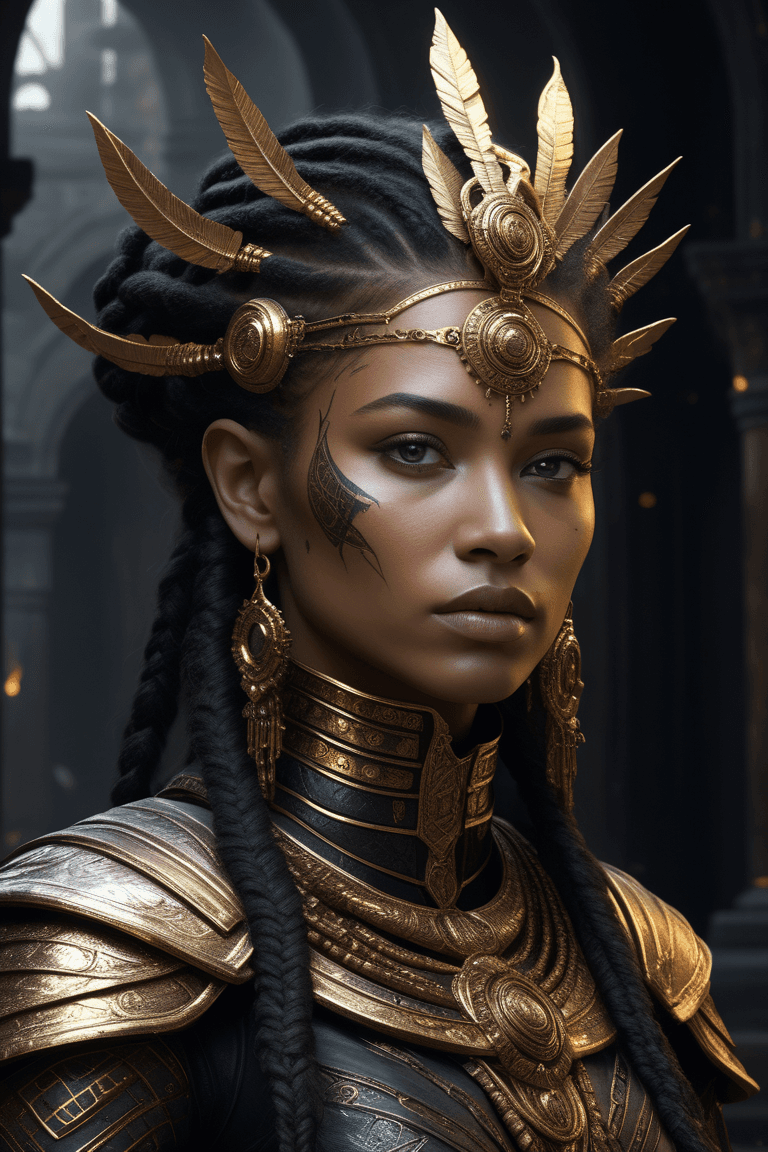 AI generated: a fine art professional realistic portrait of an aristocratic oracle from a lost empire. Her lower f...