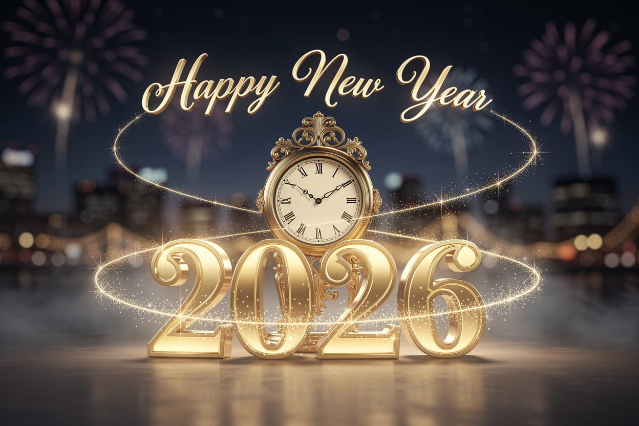 AI generated: Magical New Year 2026 night scene with glowing golden numbers “2026”, sparkling light trails forming...