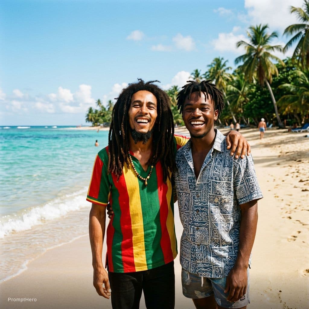 AI generated: with bob marley at a tropical beach, sunny day, both smiling