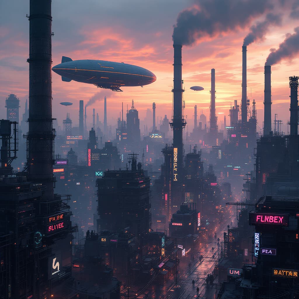 AI generated: "A sprawling cyberpunk-dieselpunk cityscape at twilight, with neon signs flickering over grimy stree...