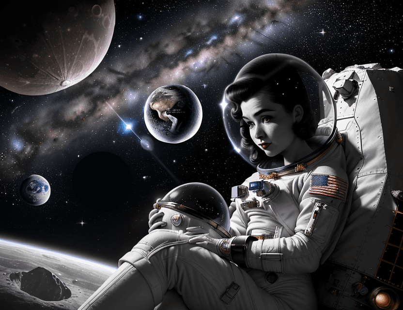 AI generated: Cute lady, 1950s style astronaut sits on a asteroid and enjoys a breathtakingly beautiful view of Ea...