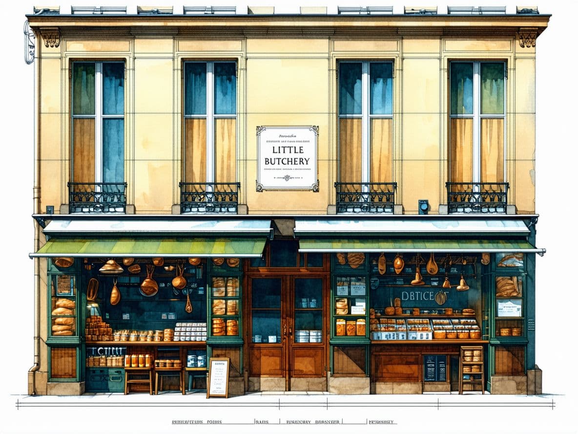 AI generated: Paris 1880, hyperrealistic illustration, a facade of a little butchery, front view, elevation, in co...