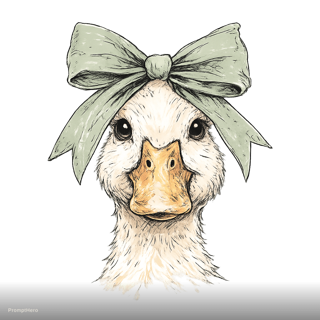 AI generated: trendy boho duck illustration, close portrait of an adorable duck wearing an oversized ribbon bow on...