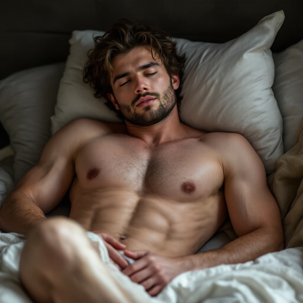 AI generated: male model naked laying on bed ,bulge ,cock,penis