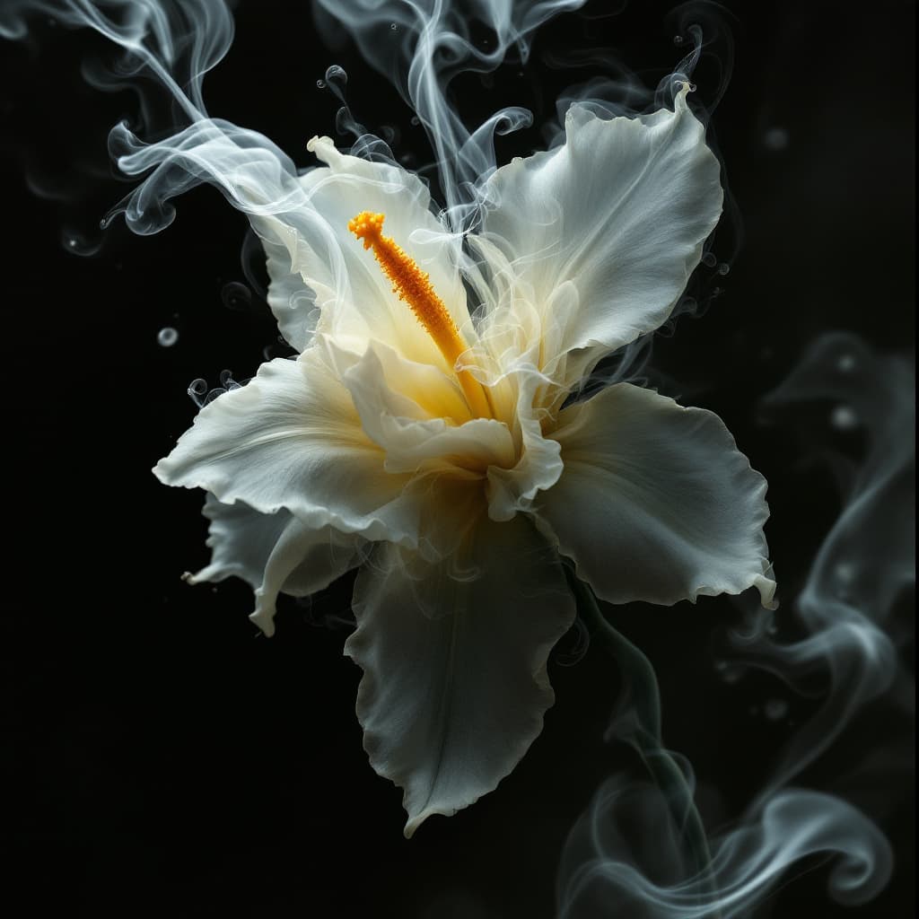 AI generated: narcissus flower opening, liquid smoke fractals, elegant botany, dynamic movement, raphael, caravagg...