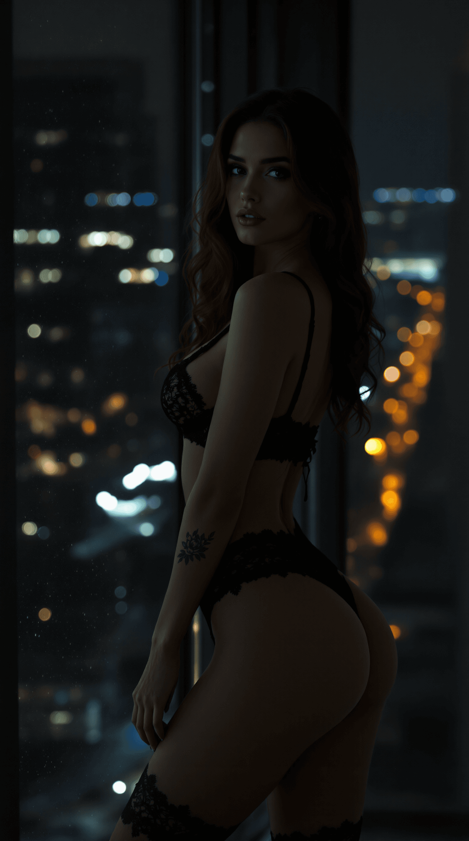 AI generated: A moody and intimate boudoir portrait of a woman standing by a large window at night. She wears a ma...