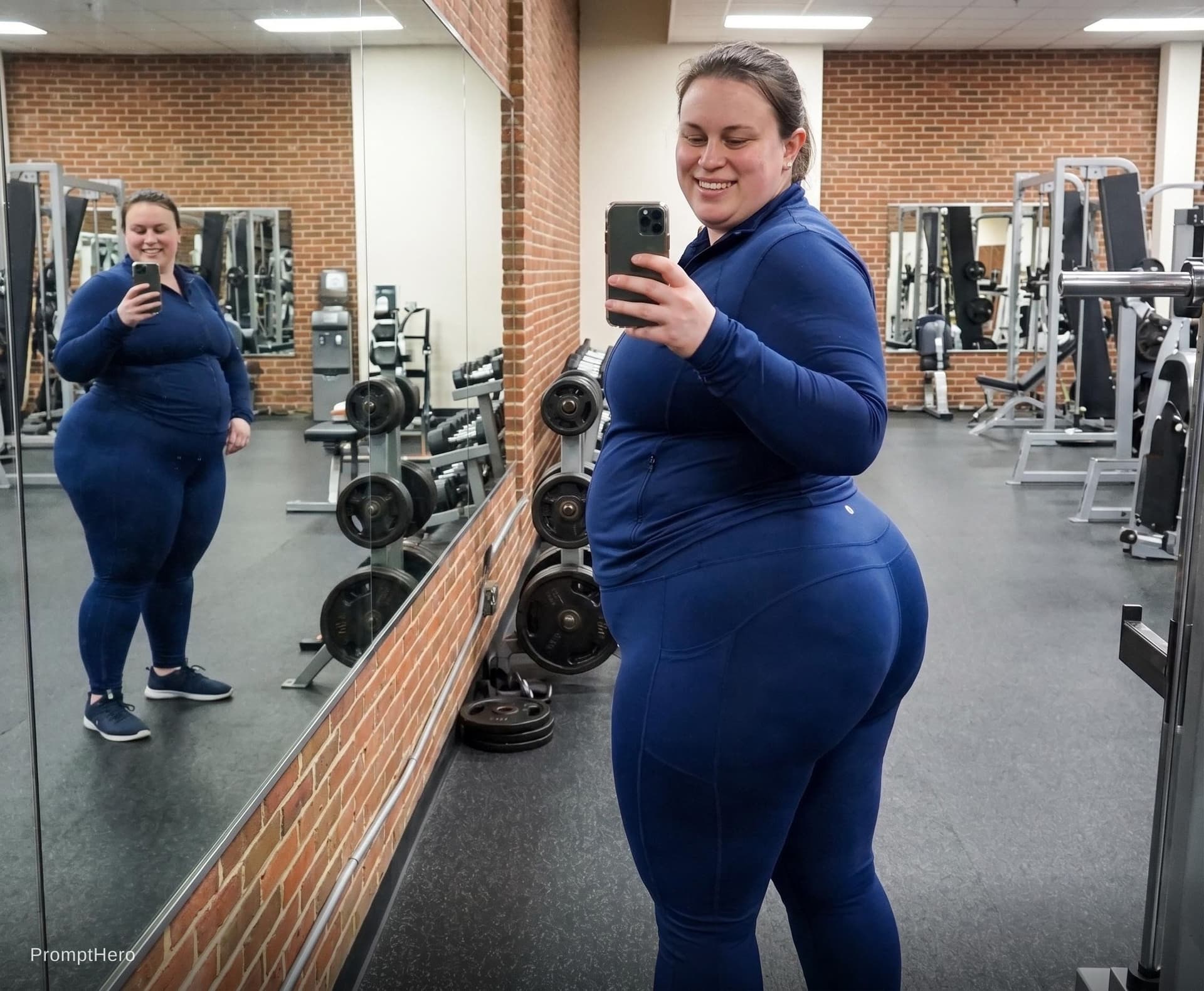 AI generated: A  massive plus size   of  30 year old white woman dressed in tight tracksuit, brunette hair, chubby...