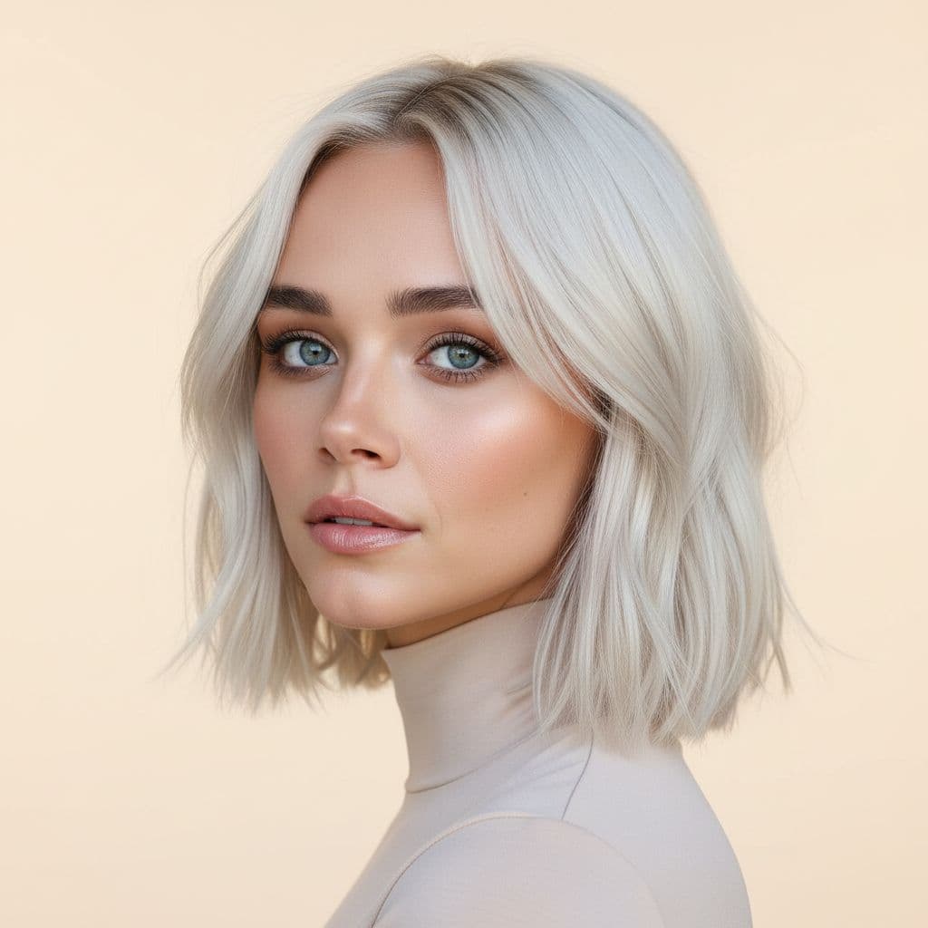AI generated: hair photography, woman, bob cut hair, silver color, ivory hue background, studio lighting setup, re...