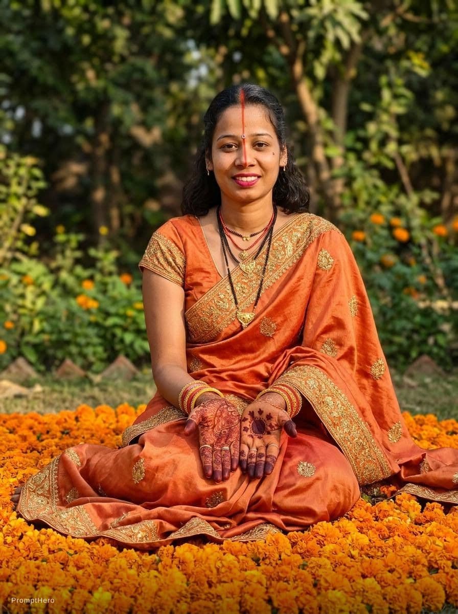 AI generated: beautiful fashion model with orange dress, and sitting on orange flowerbed, --ar 3:4