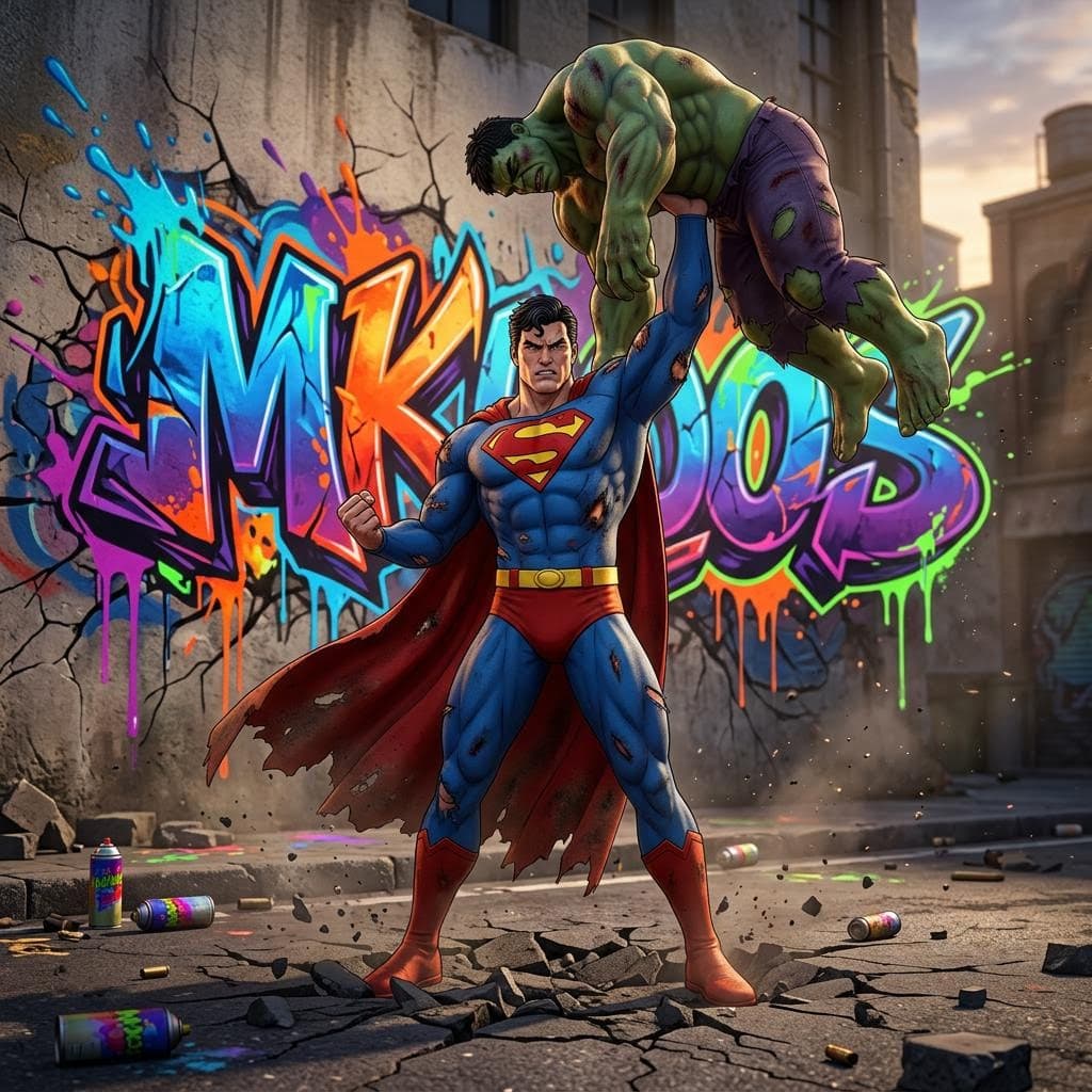 AI generated:  A 3D anime realistic illustration of Superman in his classic comic book costume, showing rips and t...