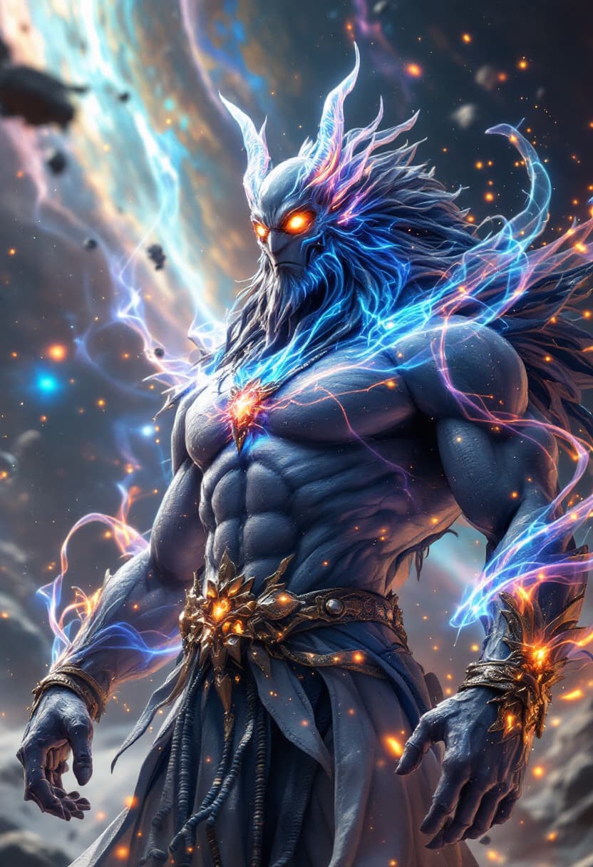 AI generated: God of sound, full-body, Etherial, muscular, No mouth or hair, Glowing clear eyes, epic, cinematic, ...