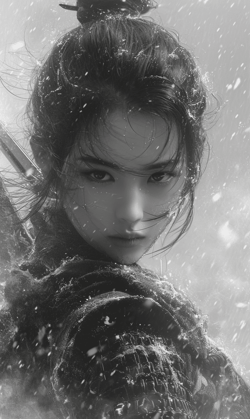 AI generated: samurai girl, in the style of black and white realism, atmospheric impressionism, darkly romantic re...
