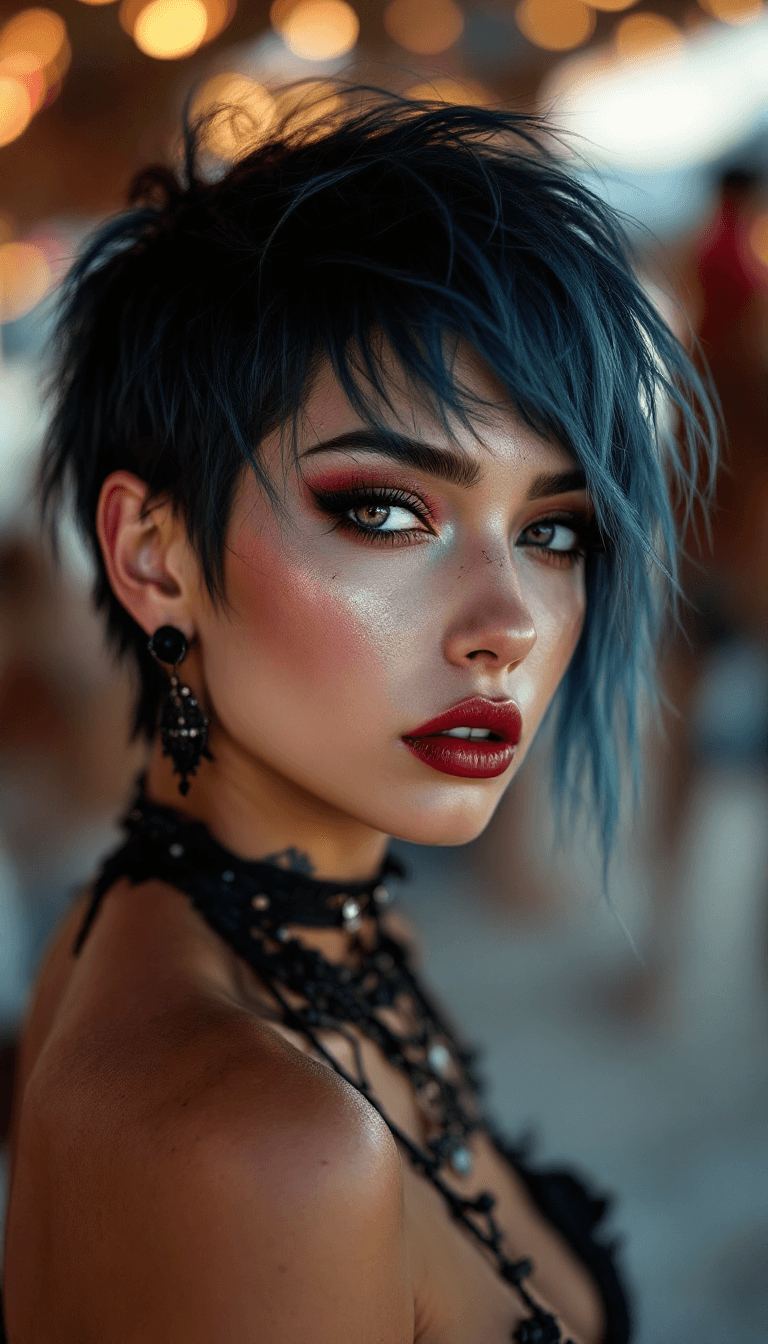 AI generated:  an ultrarealistic instagram anime model on a Beach party,short punk style hair,gothic makeup,ultrad...