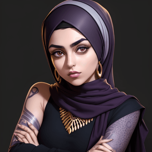 AI generated: iranian girl in dark purple headscarf with her arms folded against , in the style of tattoo, normcor...