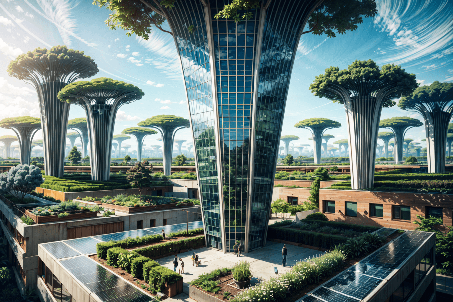 AI generated: Solarpunk, dramatic geometric towers dotted with rooftop forests, tree-sprouting condos, gargantuan ...