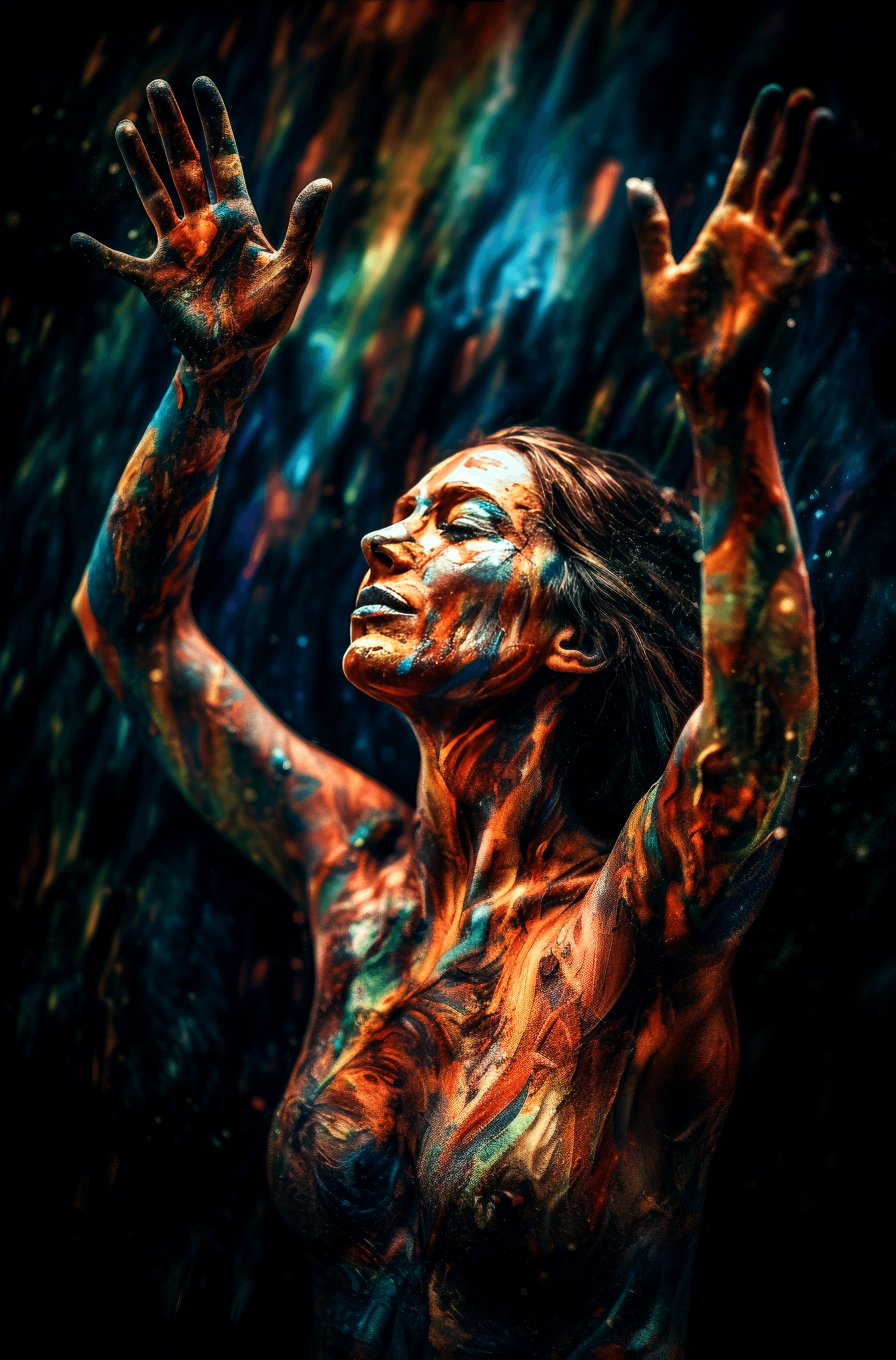 AI generated: a woman with her hands out in the air, in the style of psychedelic portraiture, full body, body art,...