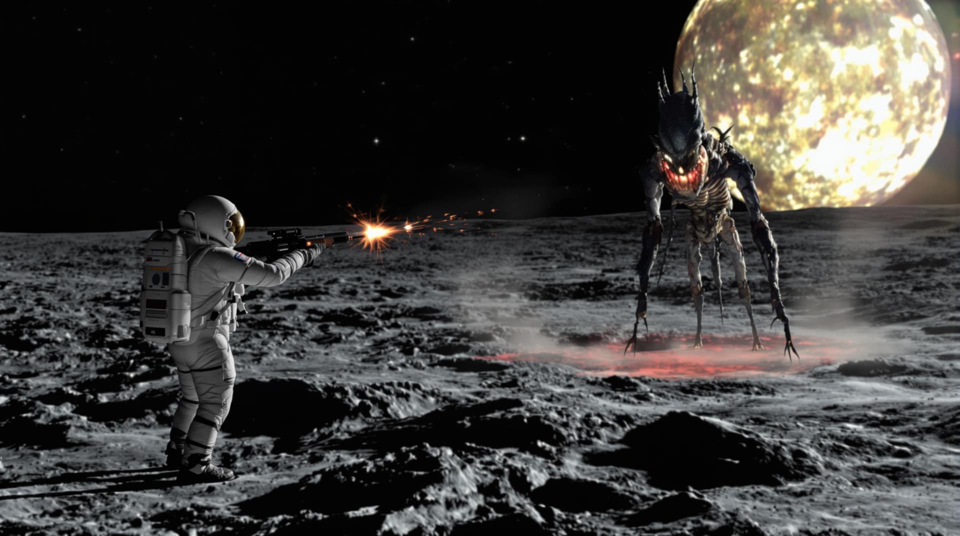 AI generated: An astronaut armed with a weapon shoots at an evil extra-terrestrial creature on the surface of the ...