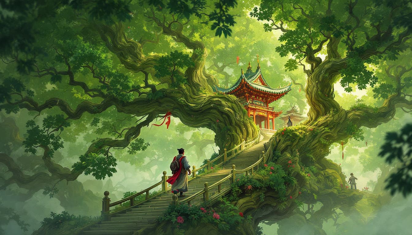 AI generated: chinese::2, temple::2, by Laurie Greasley, tree::1, fantasy lighting, extremely detailed, artstation...