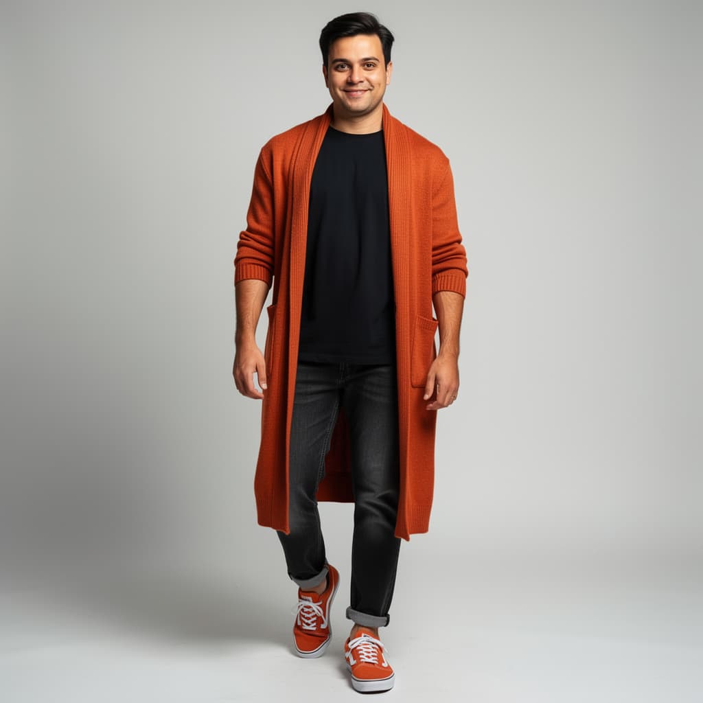 AI generated: photography, full-length, professional young male model, faint smile, standing in a relaxed pose, st...
