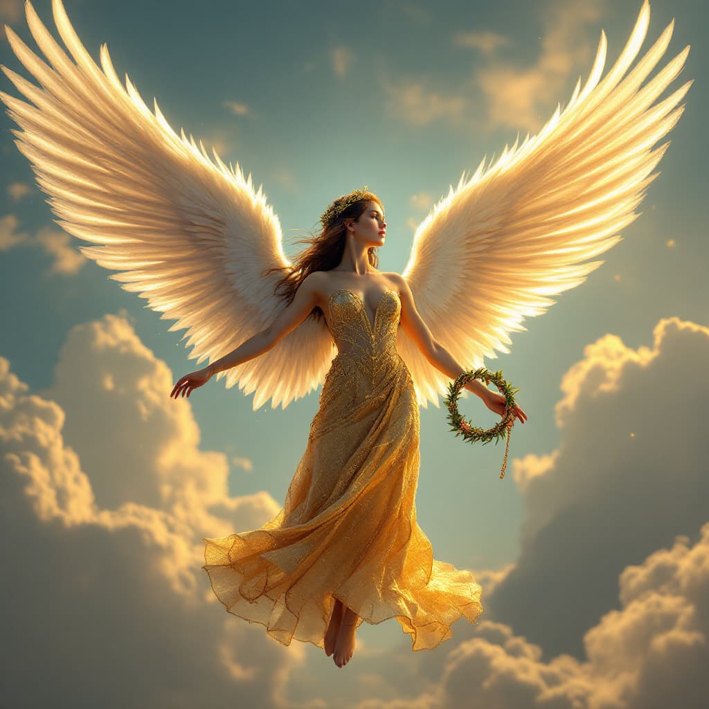 AI generated: A young lady with large, outstretched angel wings floating in the wind, full-bodied and dressed in g...