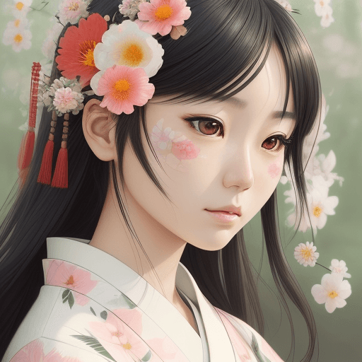 AI generated: picture of a beautiful Japanese girl dressed in flowers, in the style of artgerm, loose linework, lu...