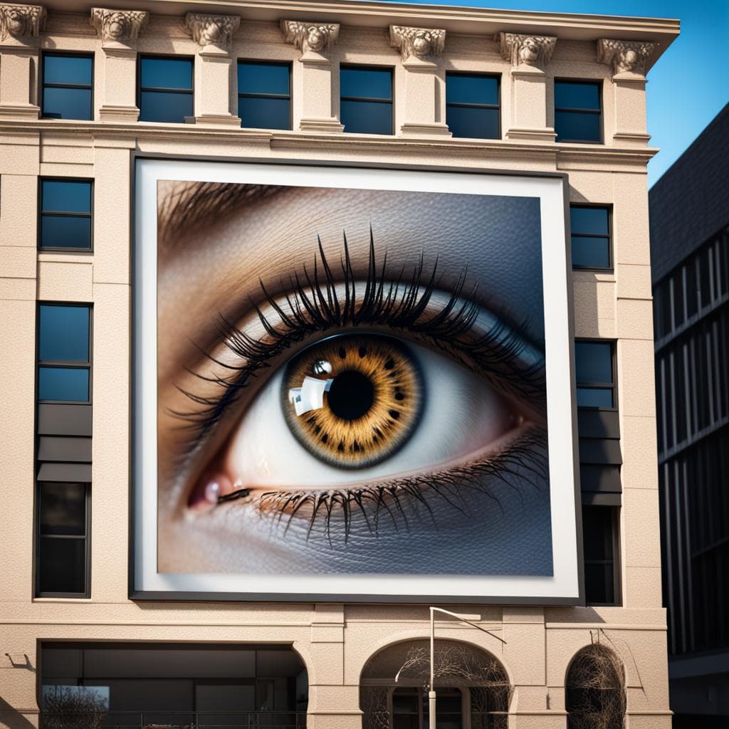 AI generated: a photorealistic close-up of a singular eye displayed on a billboard sign attached to a building, hi...