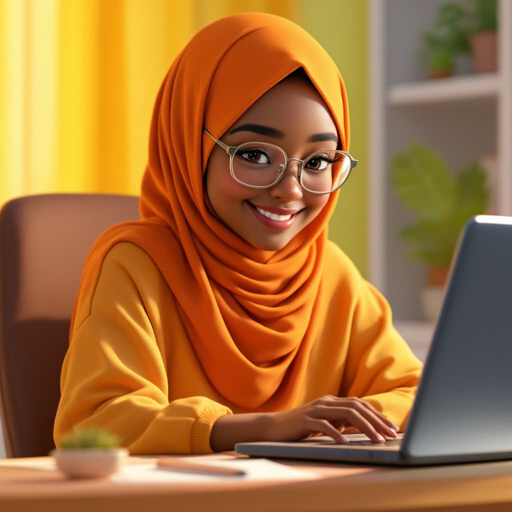 AI generated: Animated pic of a black Muslim lady, moderate skin colour. wearing transparent glasses, smiling so h...
