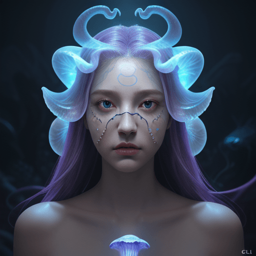 AI generated: Goddess close-up portrait ribcagel. jellyfish phoenix head, nautilus, orchid, skull, betta fish, bio...