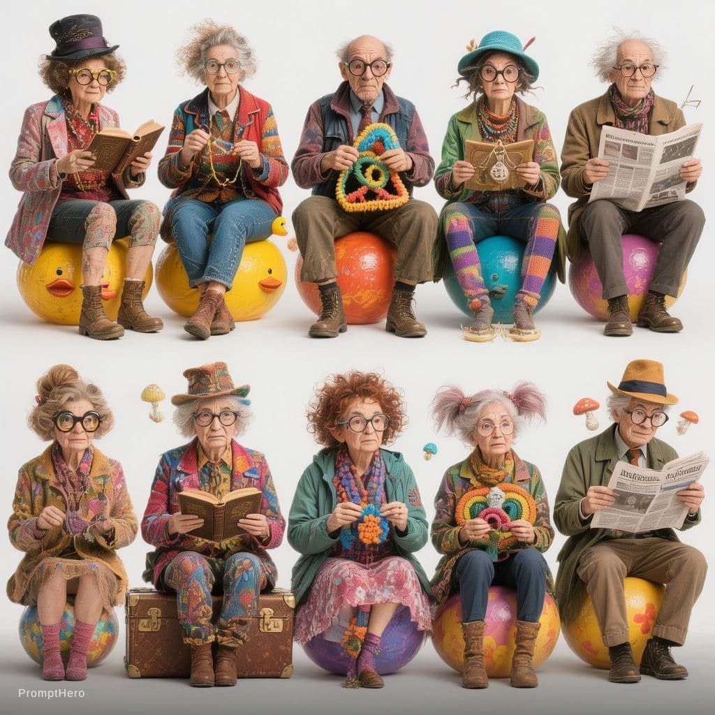 AI generated: A series of images of eccentric grandparents sitting on unexpected objects that are larger than life...