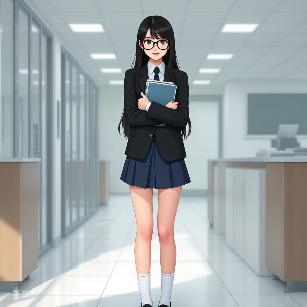 AI generated:  woman, black hair, long hair, green eyes, black glasses, red lips, white shirt, black tie, black bl...