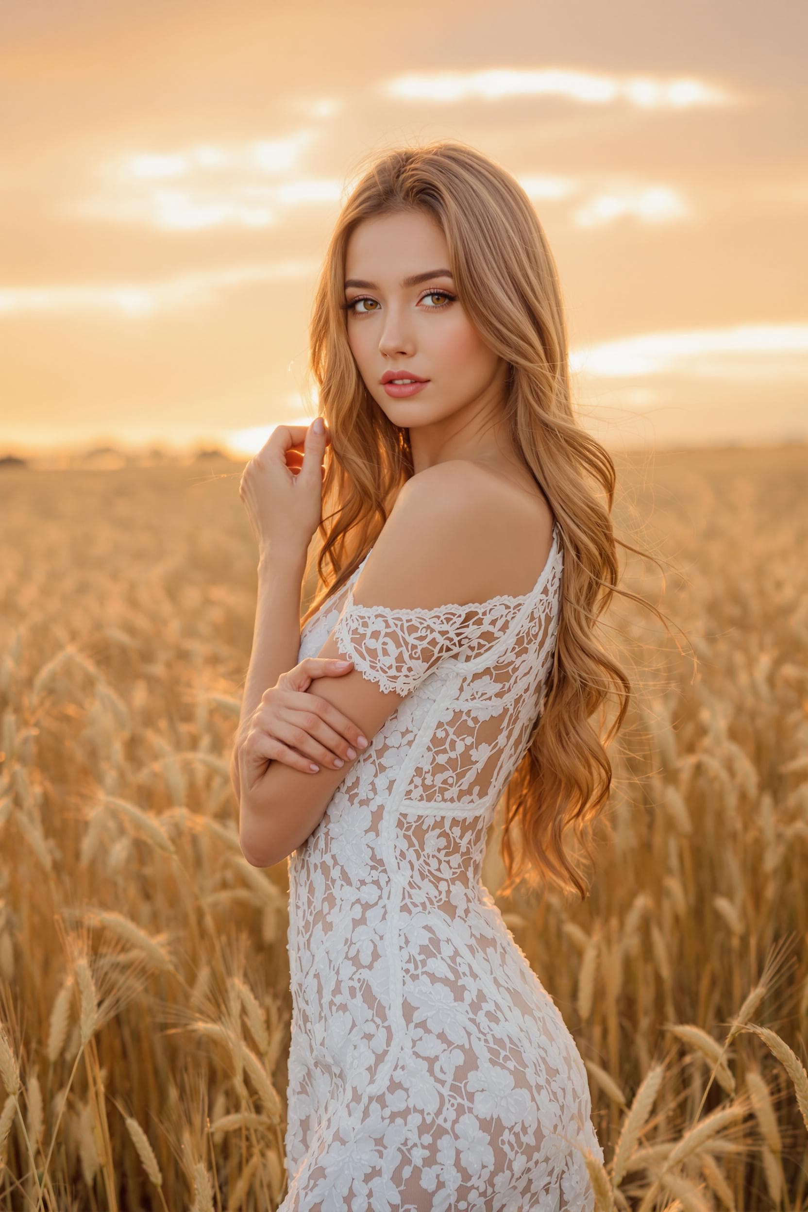 AI generated: A beautiful girl with long hair in a white lace dress poses against the backdrop of golden wheat fie...