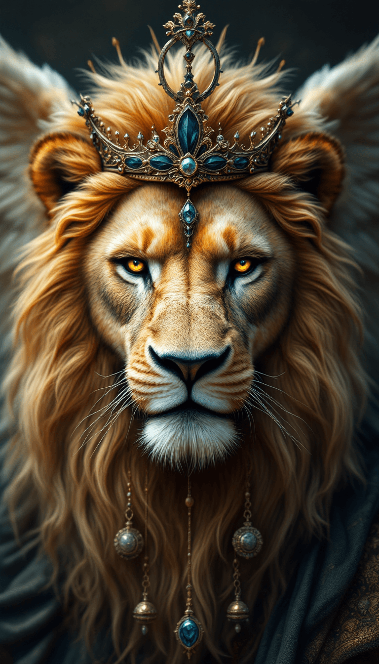 AI generated: Face of a angel lion, many accessories, detailled, King, face