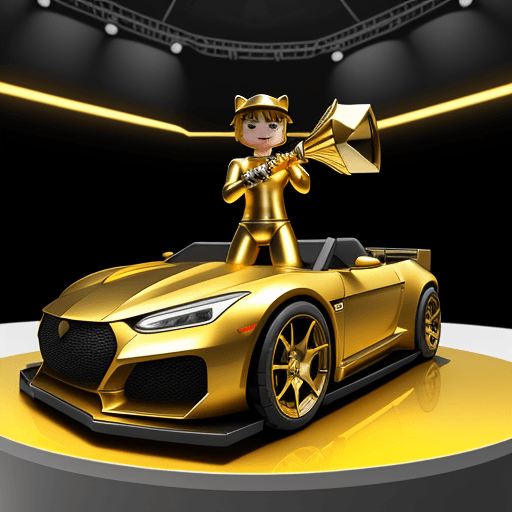 AI generated: Roblox avatar is holding a golden trophy while posing / sitting on top of the sports cars hood that'...