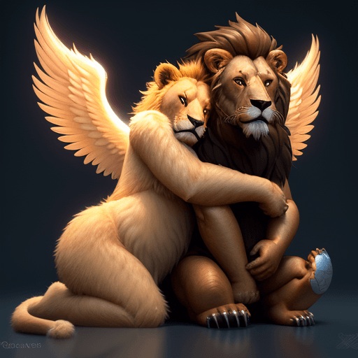 AI generated: a close up of a lion with angel wings, hugging a grizzly bear, adorable digital painting, cute detai...